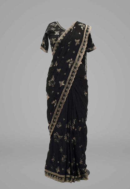 Hand Embroidered Silk Saree in Black