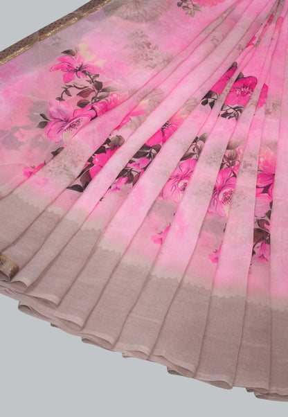 Blush Blooms - Pink Georgette Saree with Delicate Floral Motifs