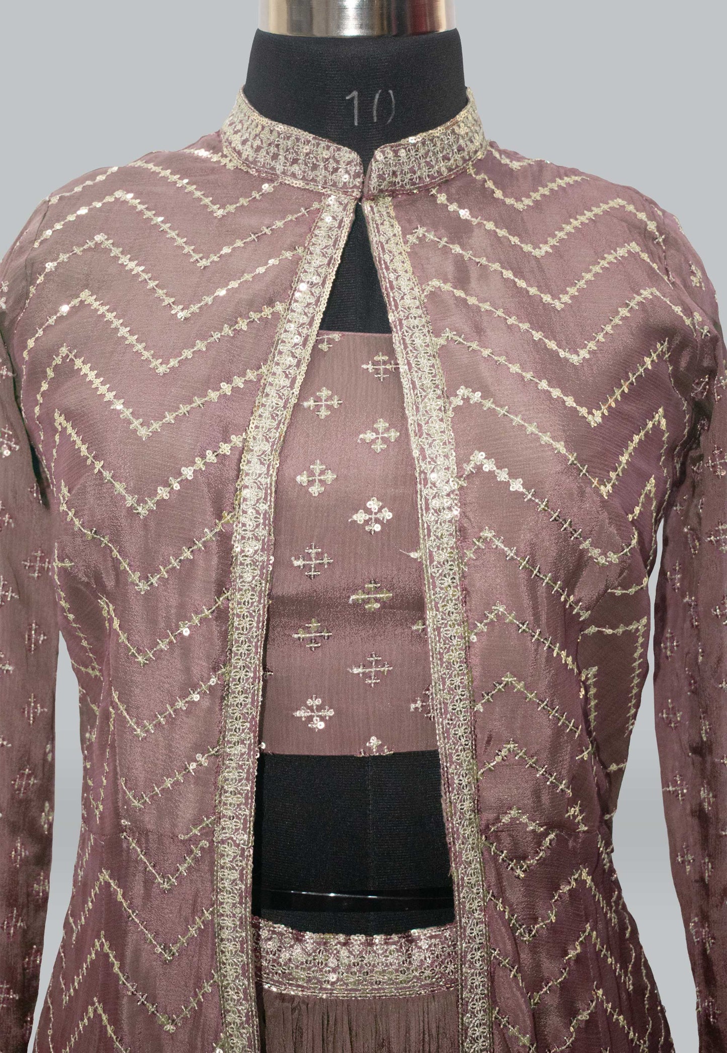 Old Rose Crepe Chiffon Co-ord Set with Zari and Sequin Embroidered Geometric Jacket