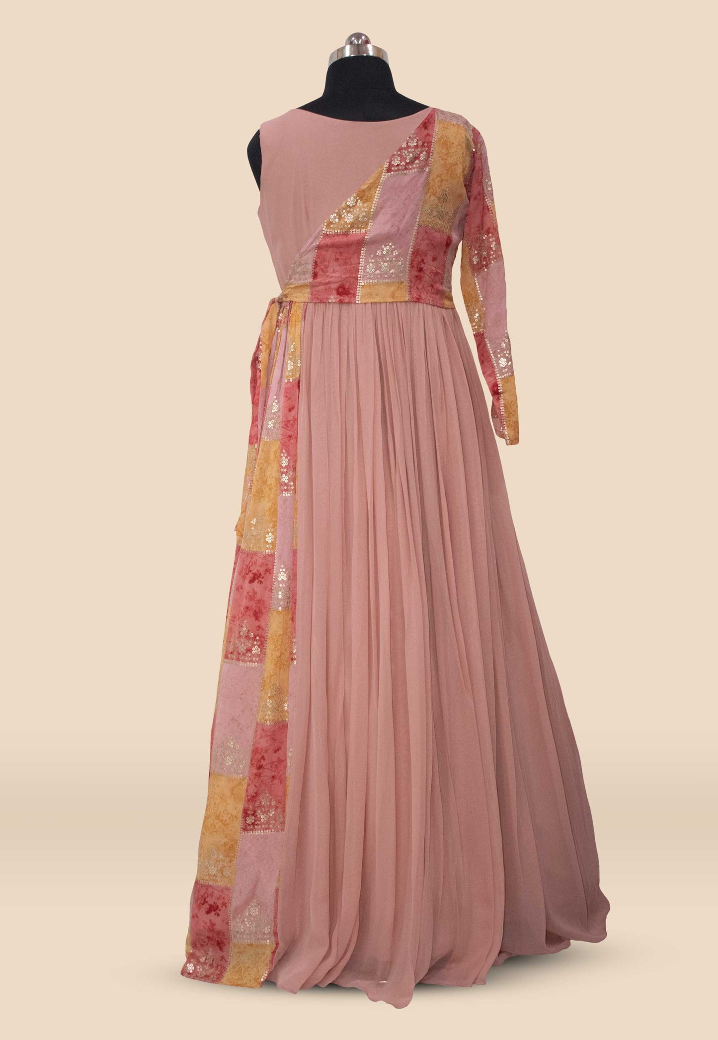 Embroidered Georgette Flared Gown in Peach