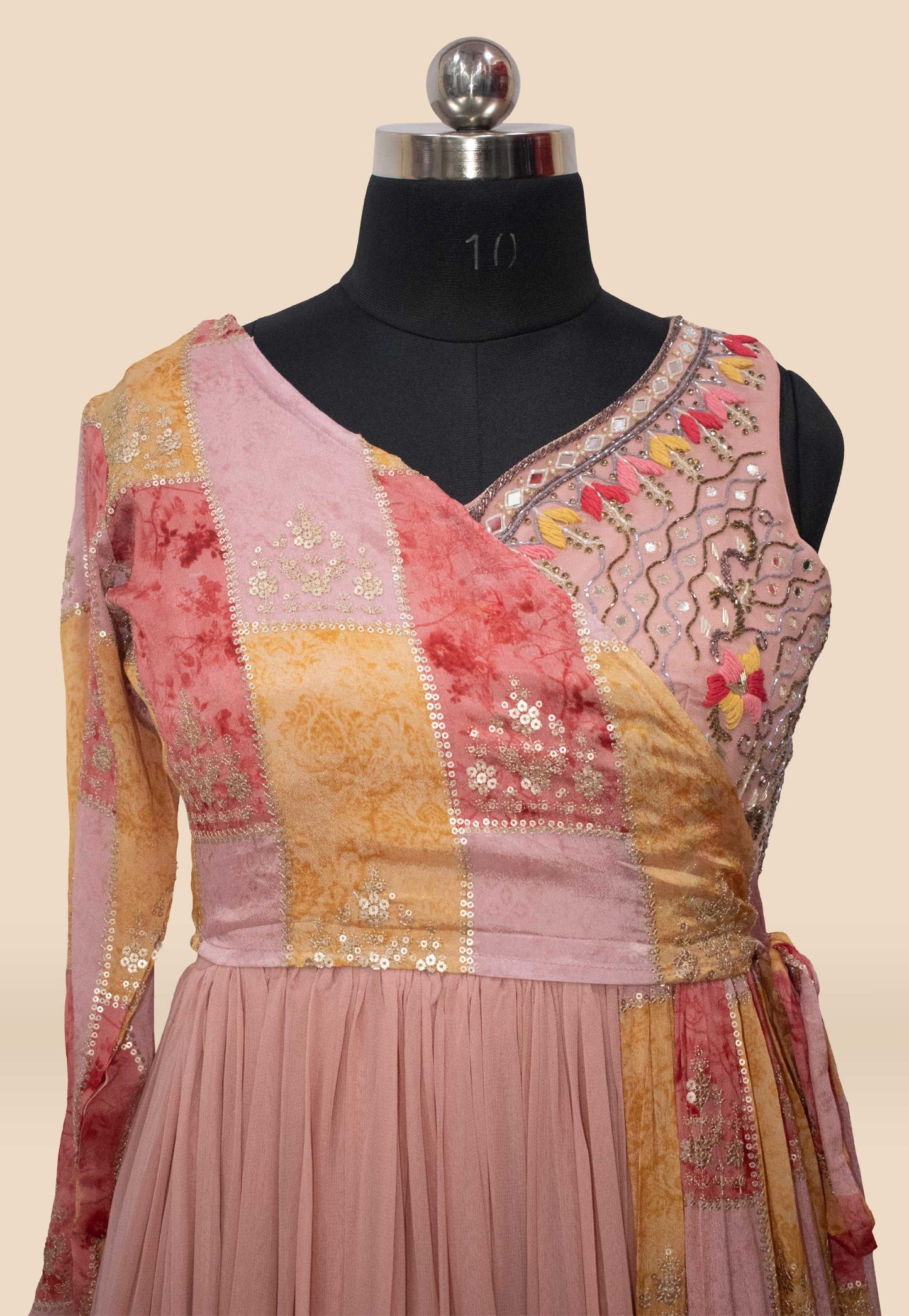 Embroidered Georgette Flared Gown in Peach