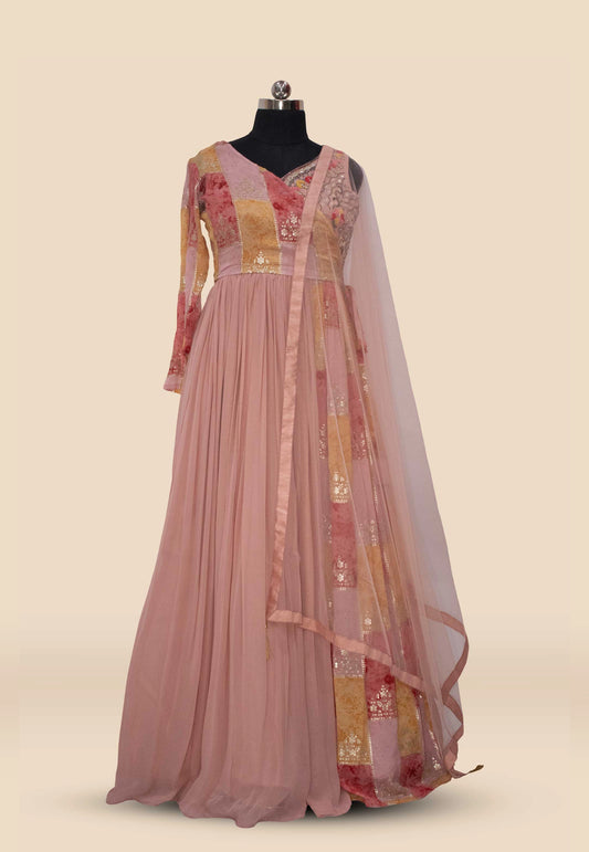 Embroidered Peach Georgette Gown