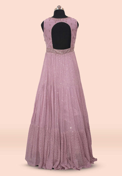 Embroidered Georgette Flared Gown with Dupatta in Lavender