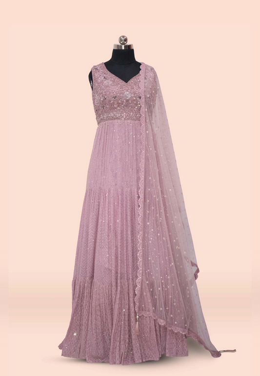 Embroidered Lavender Georgette Gown with Dupatta