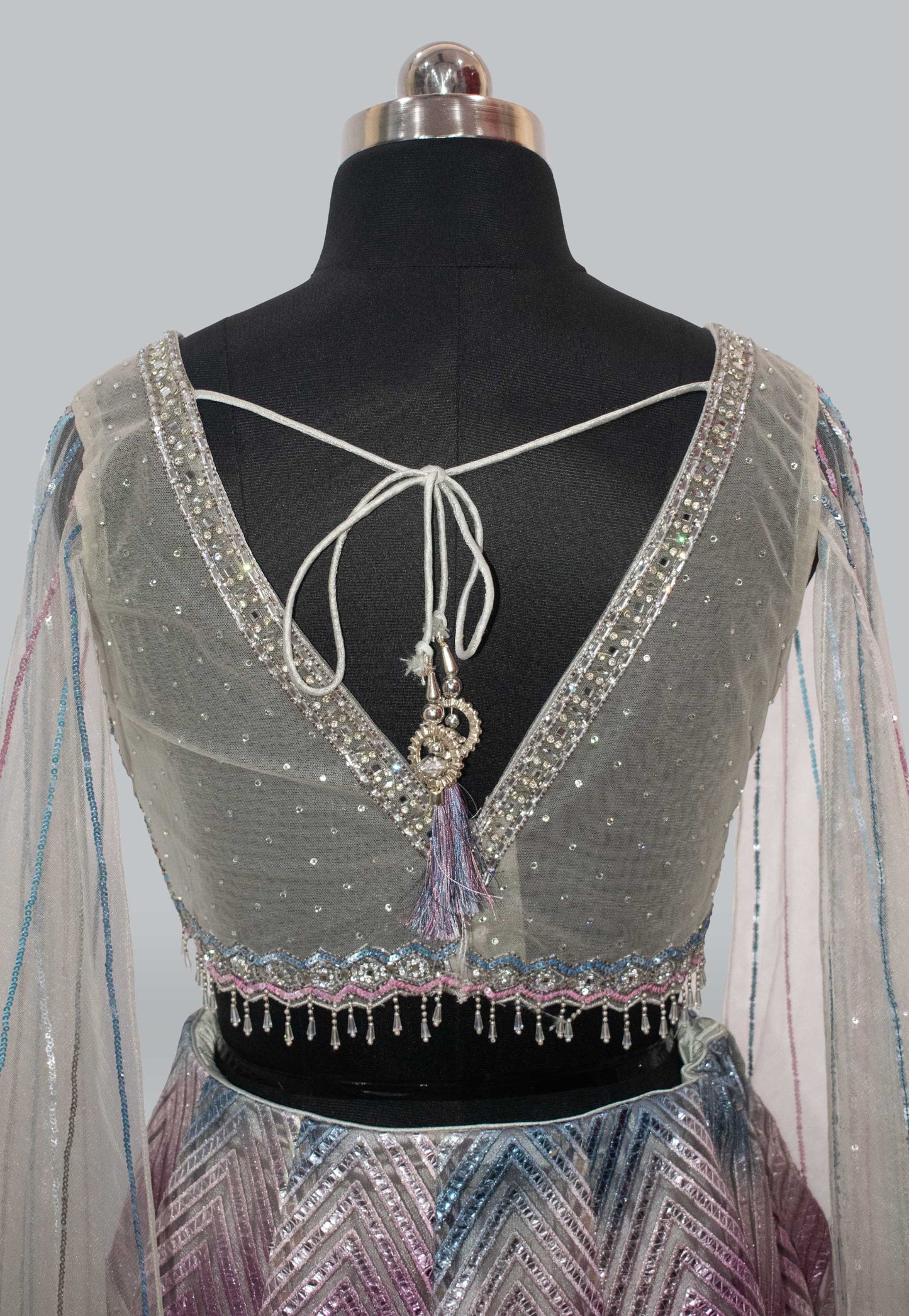 Embroidered Net Indowestern Lehenga in Silver