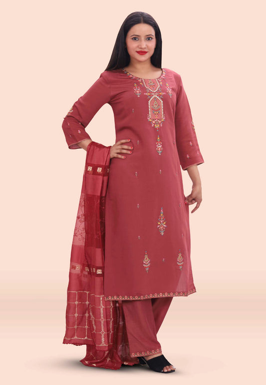 Embroidered Cotton Silk Suit Set With Zari Woven Dupatta in Red