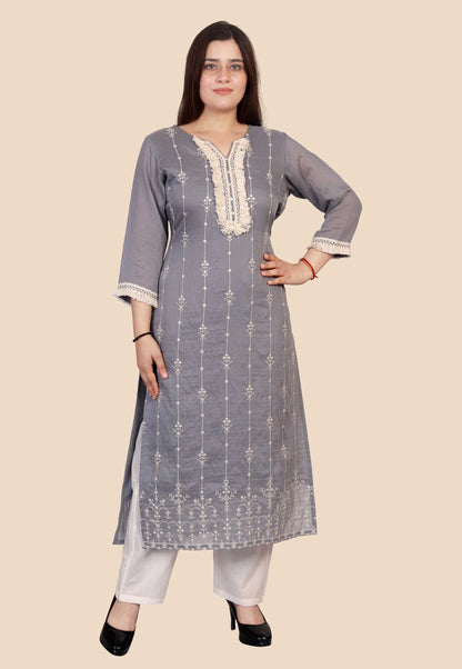 Embroidered Cotton Kurta Set in Grey