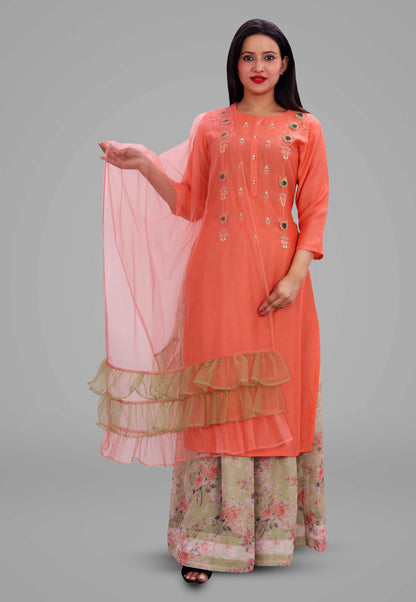 Hand-Embroidered Muslin Skirt Suit Set With Frill Net Dupatta in Peach