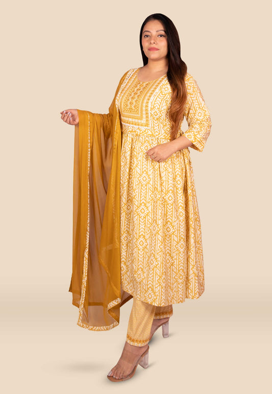 Embroidered Cotton Nayra Cut Suit Set in Mustard