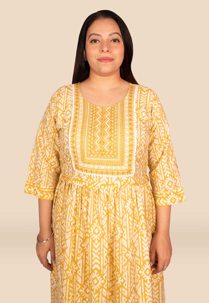 Embroidered Cotton Suit Set in Mustard