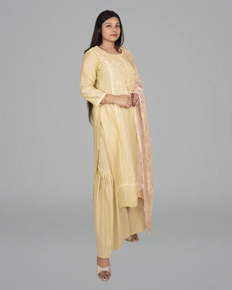 Yellow Ethnic Ensemble Accented With Floral Lace