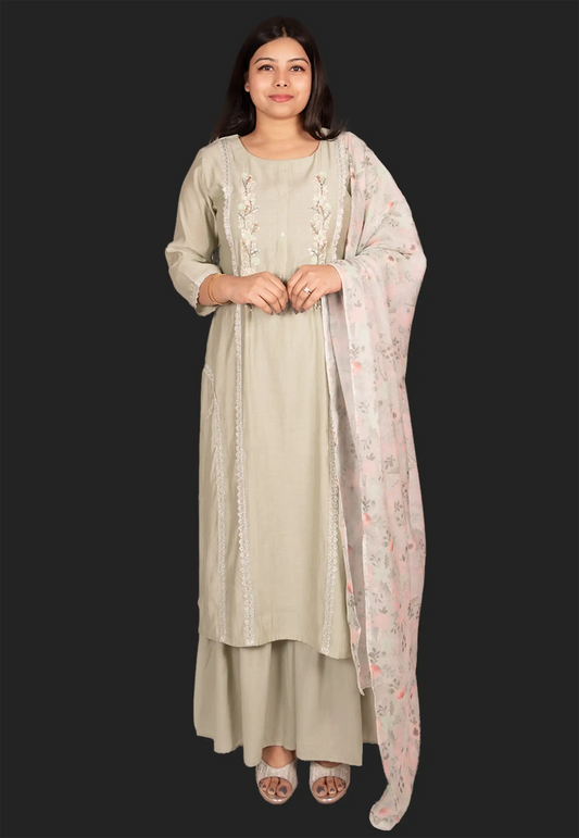 Hand Embroidered Muslin Sharara Suit set with Printed Dupatta in Green