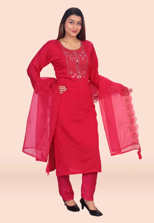 Hand Embroidered Cotton Silk Suit Set in Pink