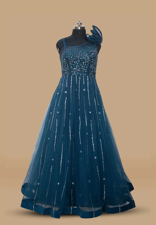 Embroidered Midnight Blue Net Gown