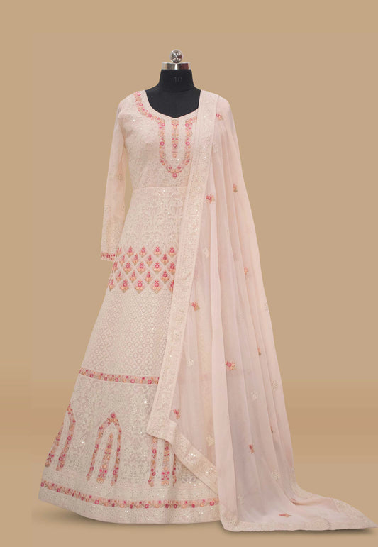 Embroidered Blushing Pink Georgette Gown with Dupatta