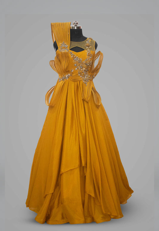 Hand Embroidered Mustard Dream Chiffon Gown