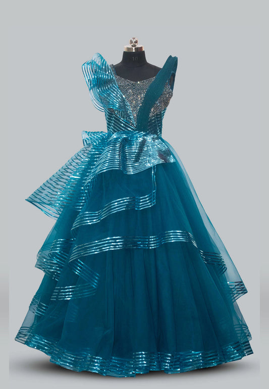 Embroidered Net Layered Gown in Blue