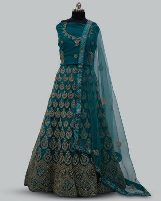 Embroidered Net Unstitched Lehenga in Blue