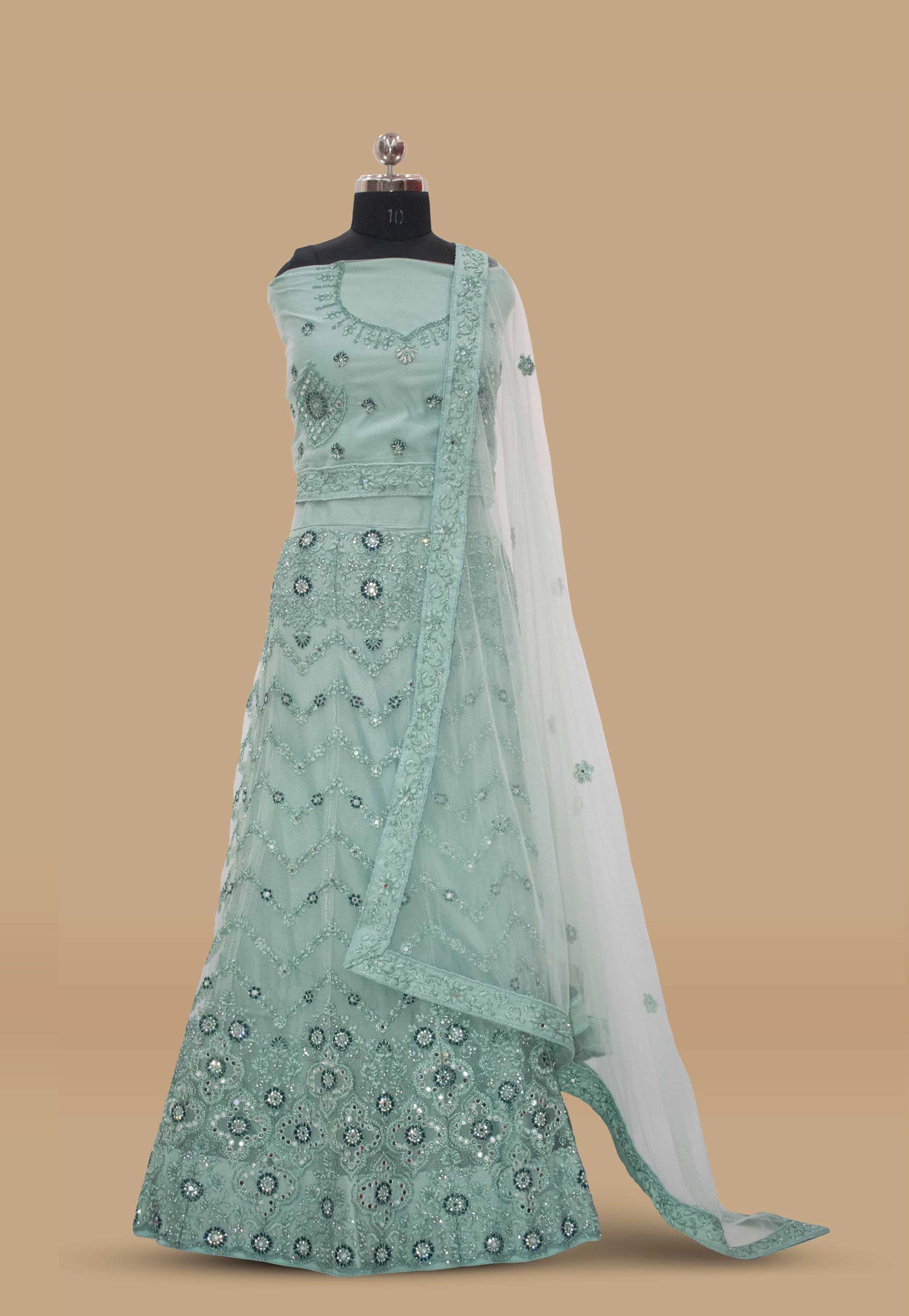 Embroidered Net Unstitched Lehenga in Pastel Blue