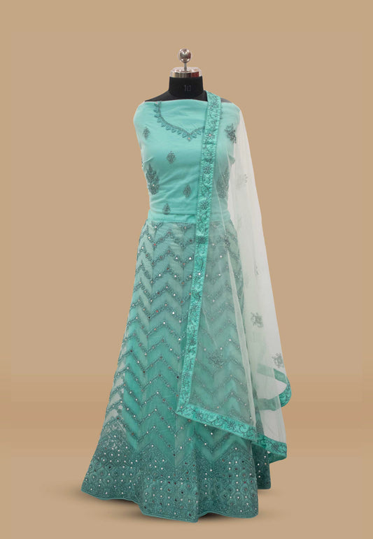 Embroidered Net Unstitched Lehenga in Turquoise