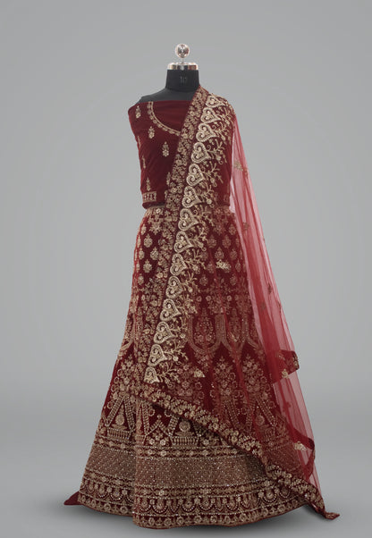Embroidered Velvet Unstitched Lehenga in Red