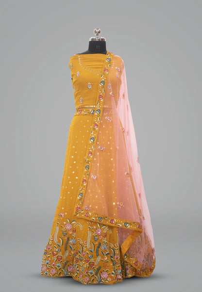 Embroidered Georgette Unstitched Lehenga in Mustard