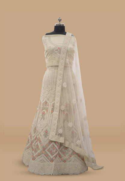 Embroidered Net Unstitched Lehenga in Cream