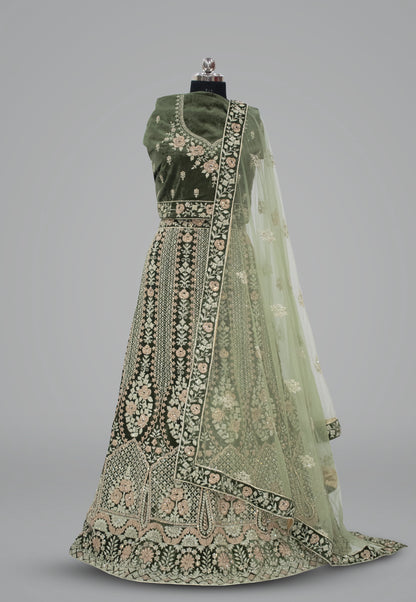 Embroidered Velvet Unstitched Lehenga in Green