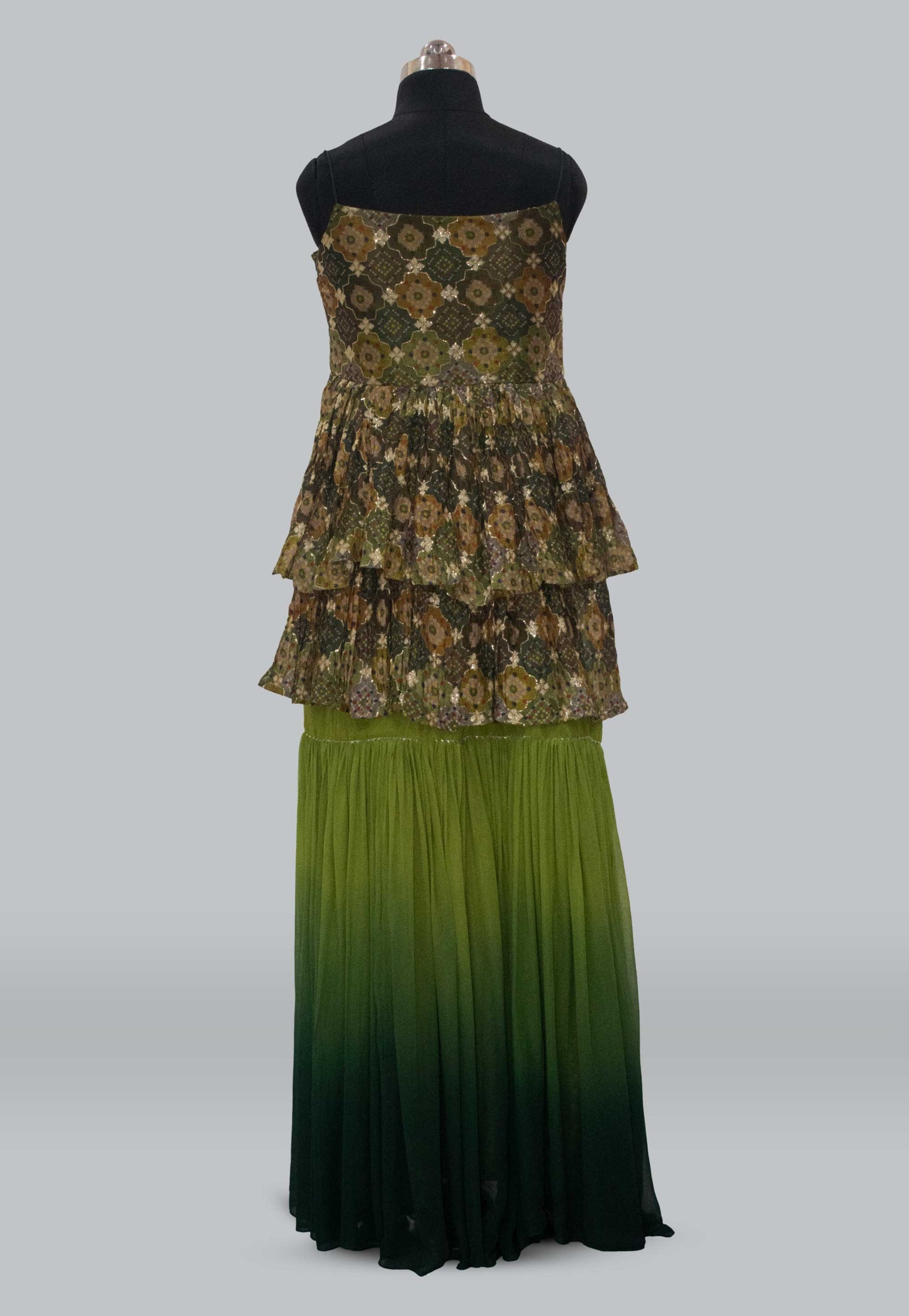 Embellished Printed Chiffon Sharara Suit Set in Ombre Green