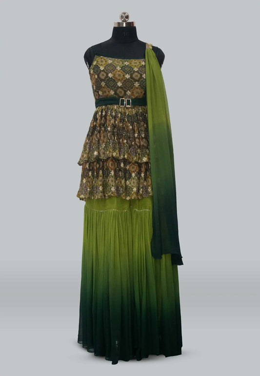 Embellished Printed Chiffon Sharara Suit Set in Ombre Green