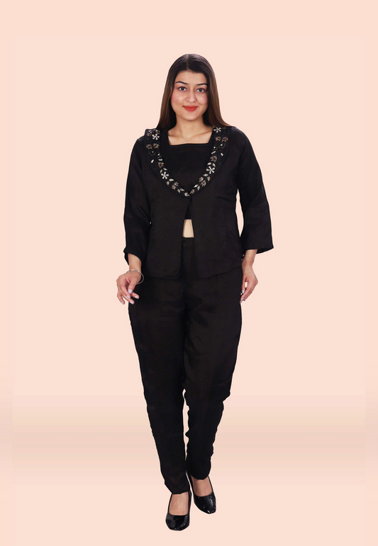 Hand Embroidered Silk Co-ord Set with Jacket in Black