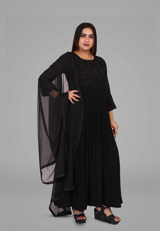 Embroidered Black Chiffon Gown with Dupatta