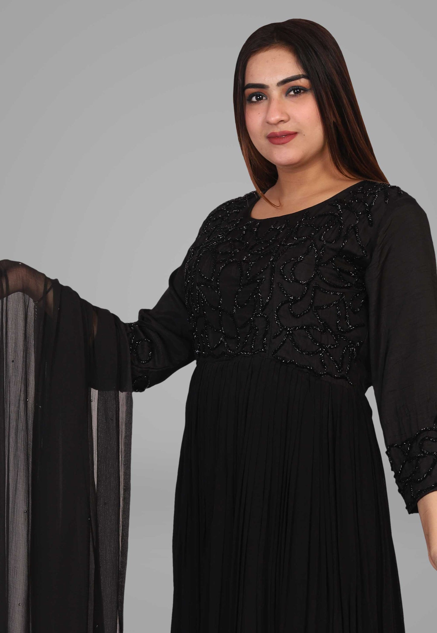 Embroidered Chiffon Flared Gown with Dupatta in Black