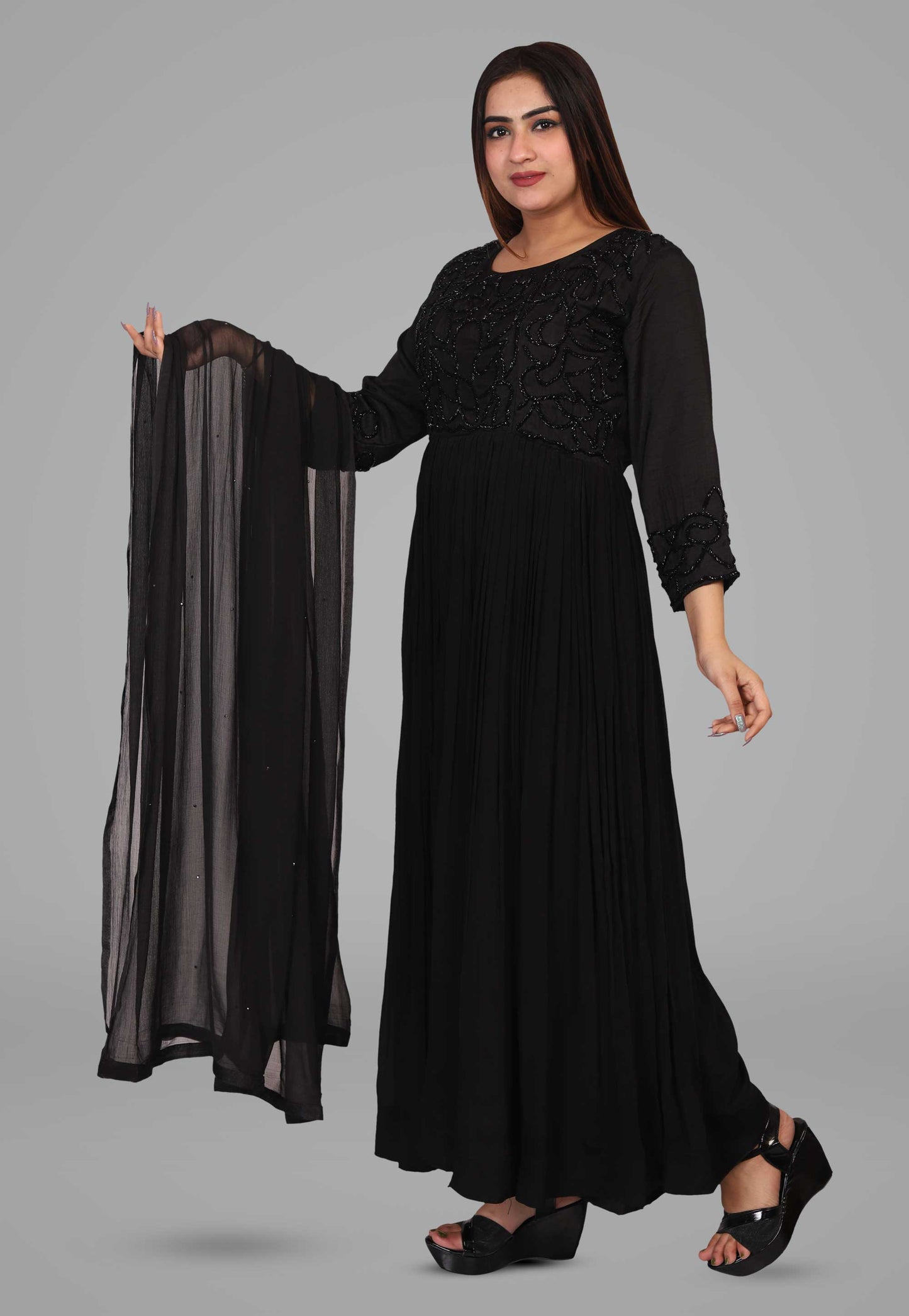 Embroidered Black Chiffon Gown with Dupatta