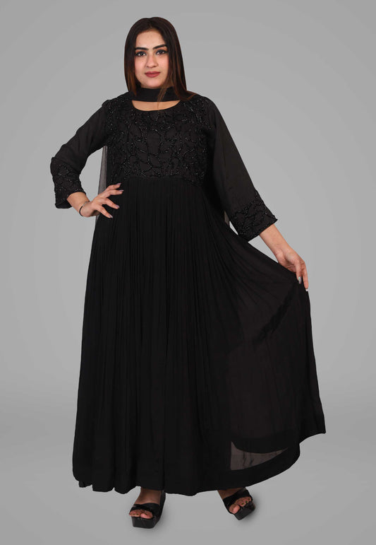 Embroidered Chiffon Flared Gown with Dupatta in Black