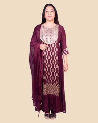 Embroidered Silk Georgette Suit Set in Purple