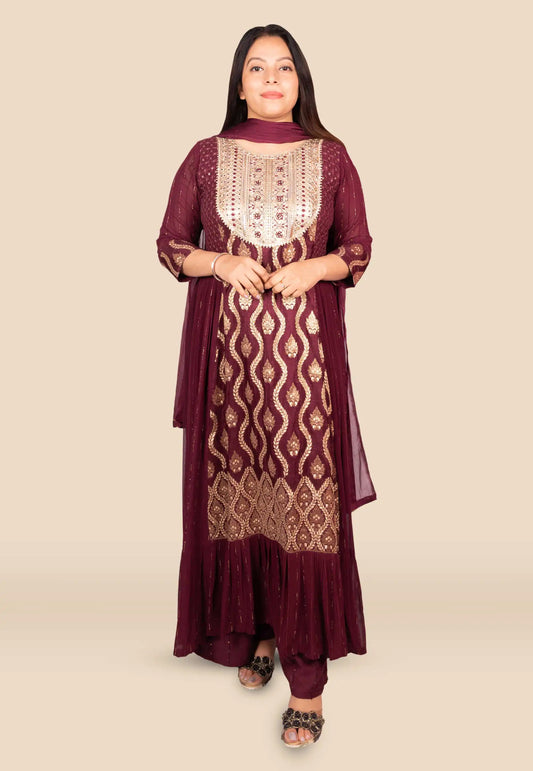 Embroidered Nyra Cut Style Silk Georgette Suit Set in Purple