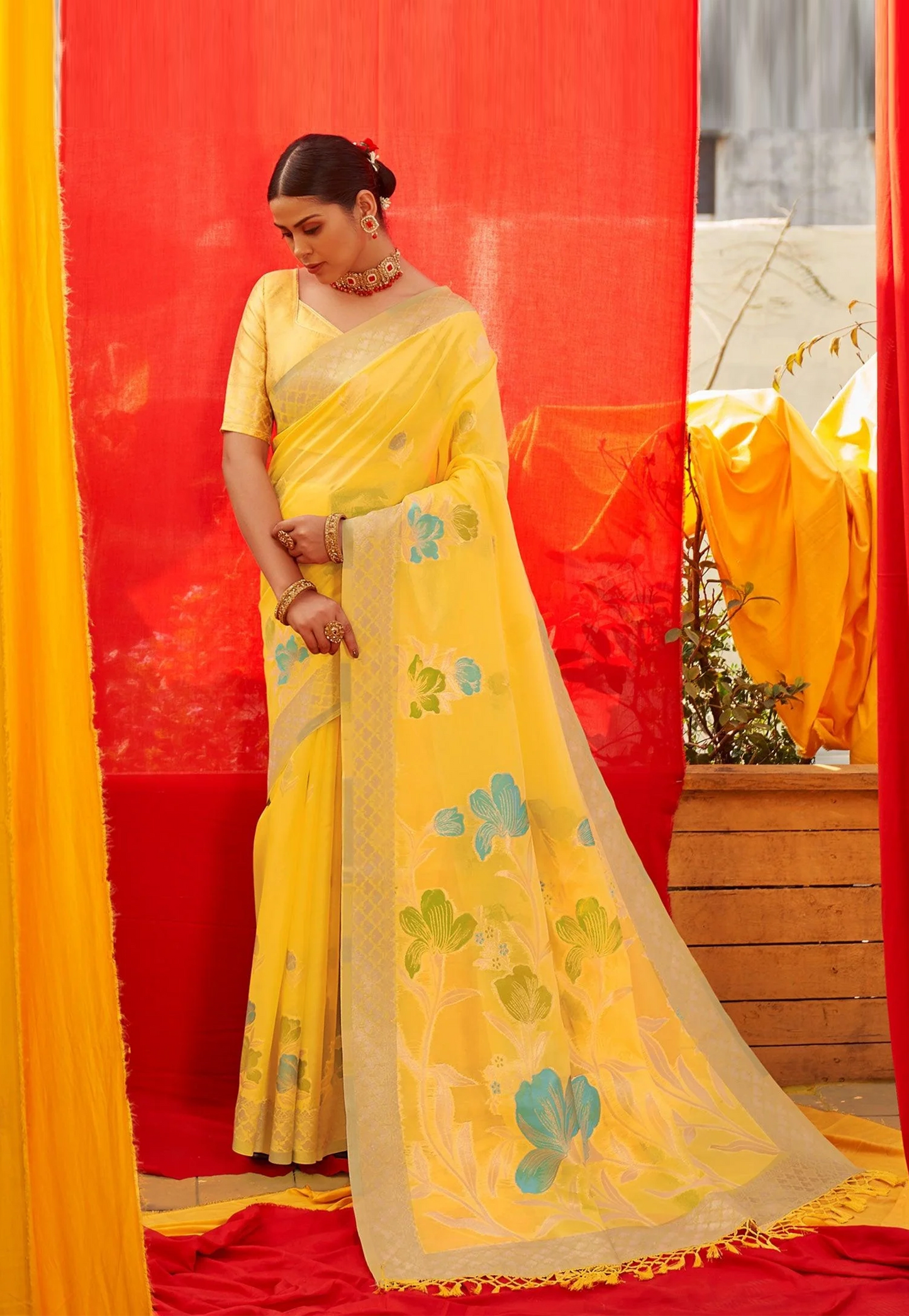 Organza Tissue Silk Saree in Yellow