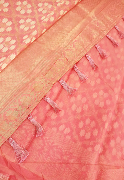 Coral Pink Woven Chanderi Cotton Saree with Running Blouse