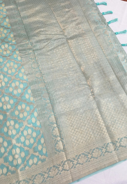 Sky Blue Woven chanderi Cotton Saree with Running Blouse