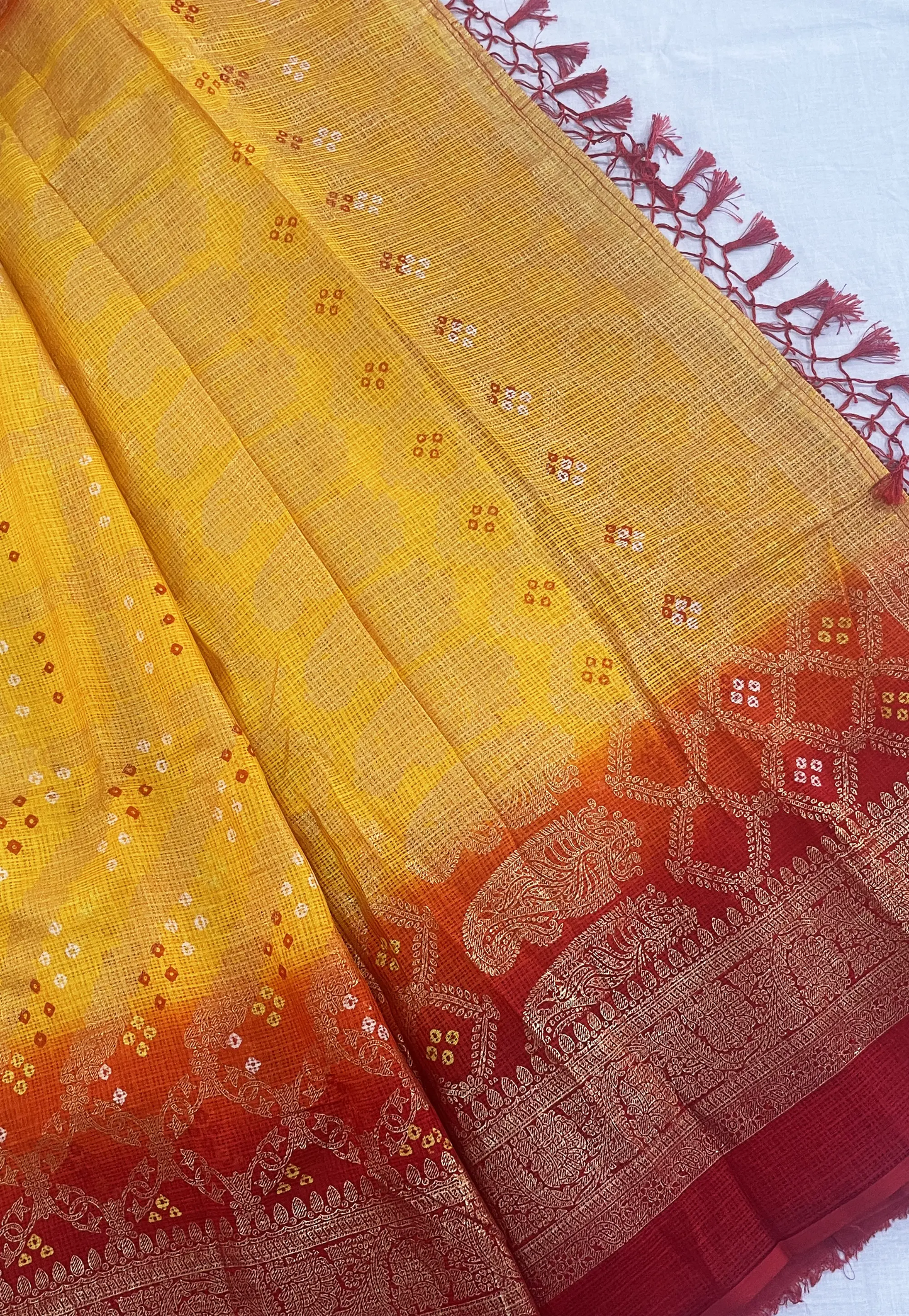 Yellow Bandhej Printed kota Doriya Saree with Running Blouse