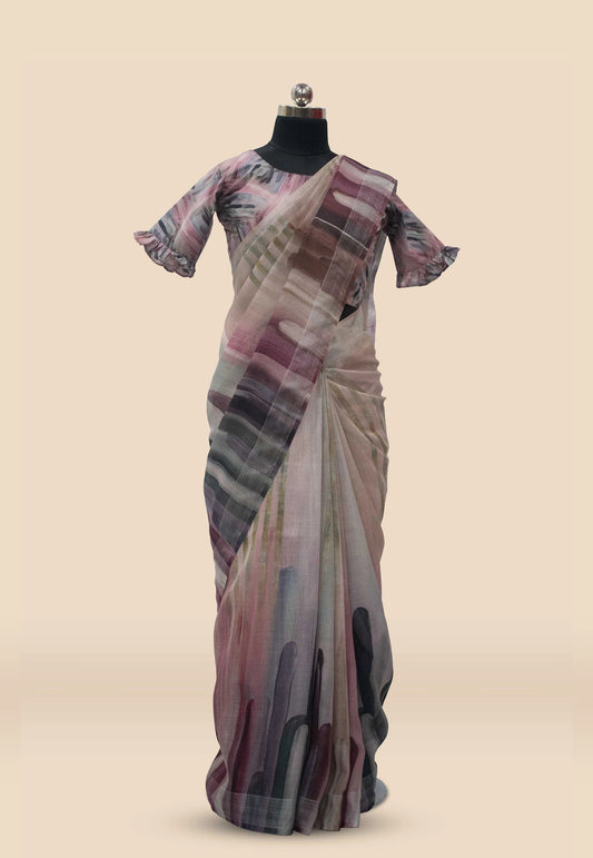 Digital Printed Linen Saree With Blouse