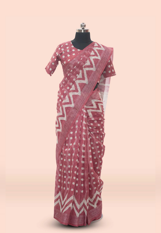 Digital Printed Linen Saree in Old Rose