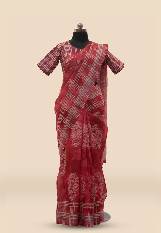 Digital Printed Linen Saree in Coral Pink