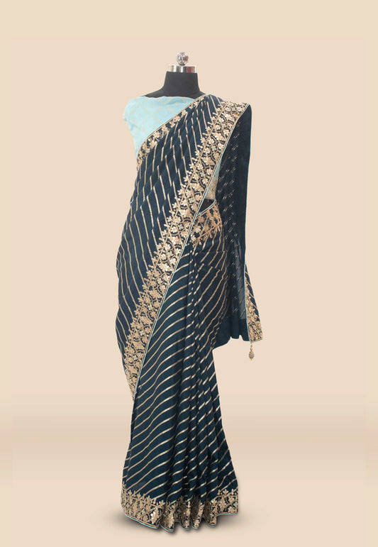 Embroidered Leheriya Silk Saree in Teal Blue