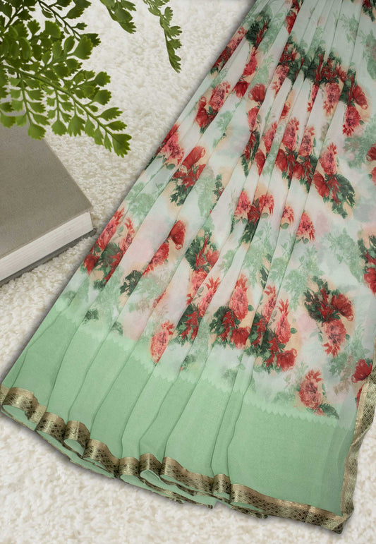 Garden Glory - Pale Green Floral Lace Printed Georgette Saree with Lace Border
