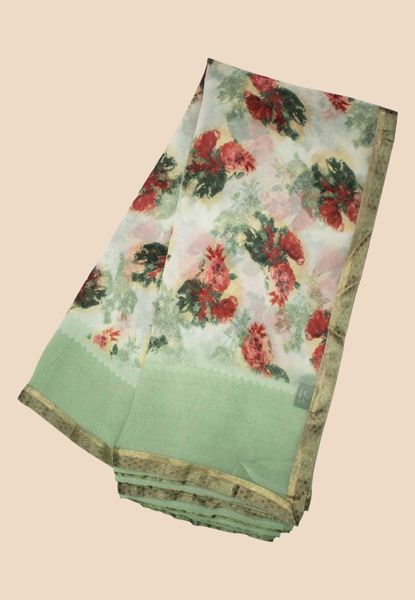 Garden Glory - Pale Green Floral Lace Printed Georgette Saree