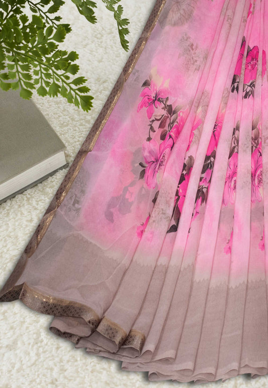 Pink Georgette Floral Printed Saree with Lace Border