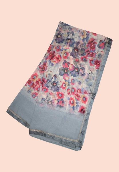 Blue Mountain Blossoms - Stone Blue Georgette Saree with Scenic Floral Print