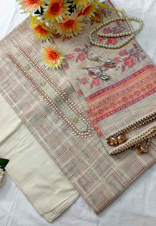 Unstitched Light Beige Cotton Printed Suit with Embroidery